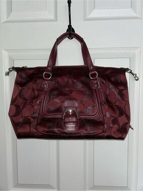 Coach Burgundy Signature Logo Tote with Leather Trim